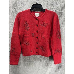 Vtg Susan Bristol Woman’s PS  Christmas Red Sweater Pinecone Cardigan 100 Wool